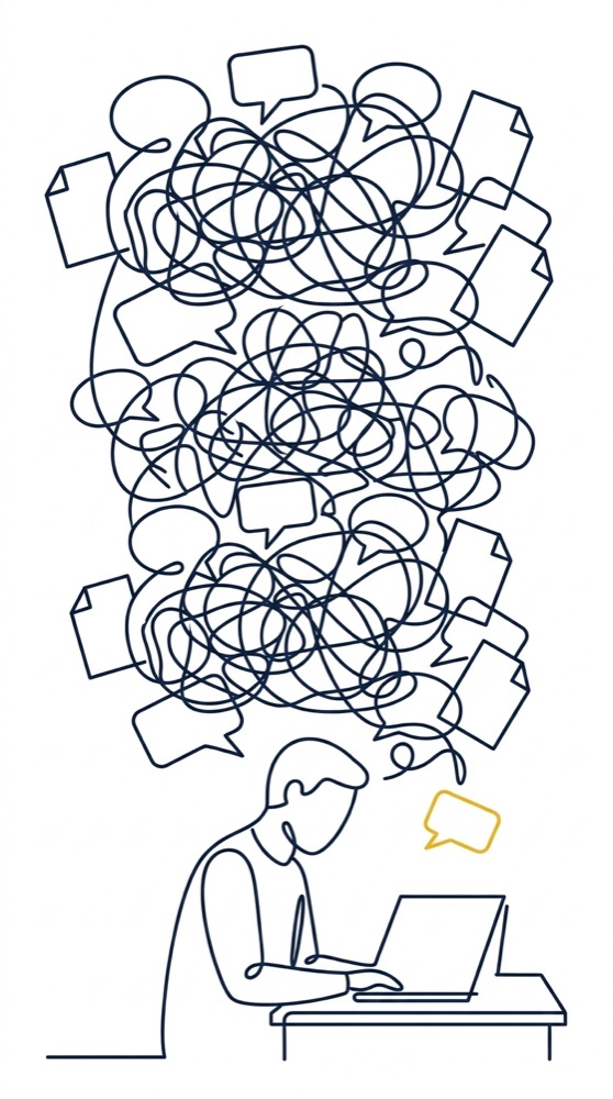 Illustration: Person sitzt am Laptop, über dem Kopf ein Gewirr aus Sprechblasen als Sinnbild für Chat-Chaos