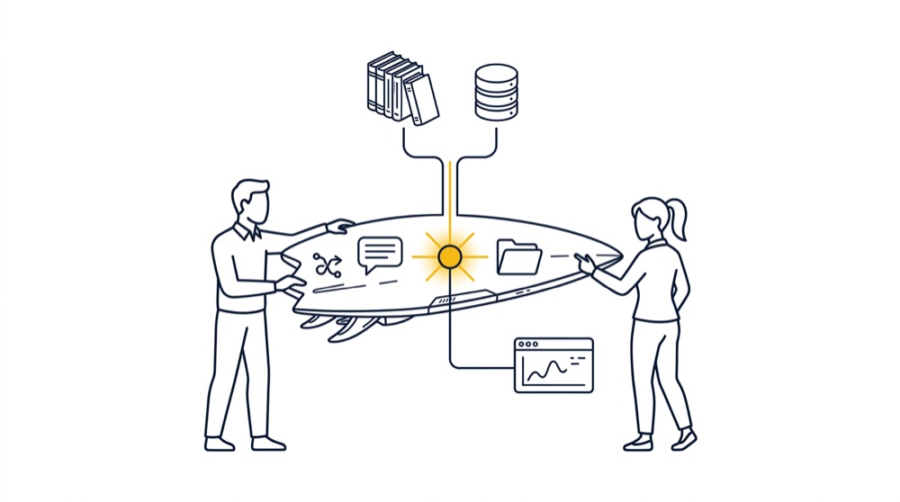 Illustration: Zwei Personen tragen gemeinsam das Solo Business Surfer Board mit Symbolen für Wissen, Chat, Dateien und Dashboards