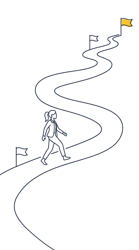 Illustration: Person geht einen Weg mit Etappen-Fähnchen entlang, das letzte Fähnchen ist gelb hervorgehoben