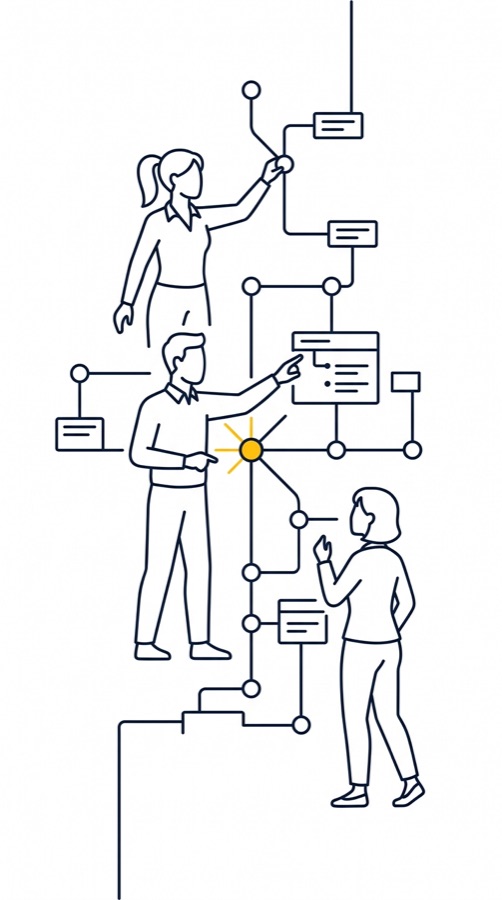 Illustration: Drei Personen arbeiten gemeinsam an einem vernetzten Diagramm